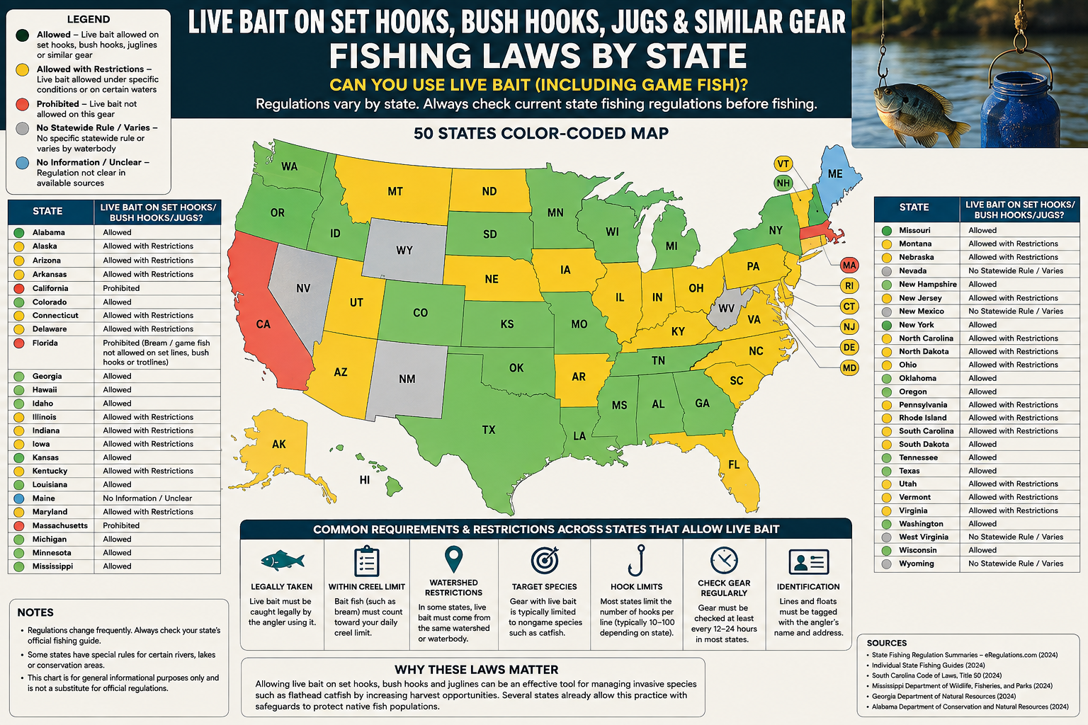Informational map comparing live-bait rules for set hooks, bush hooks, jugs, and similar gear by state